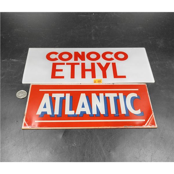 Vintage Conoco Ethyl and Atlantic Glass Gas Pump Plates