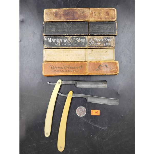 Lot of 5 Antique Straight Razor Boxes and 2 Razors