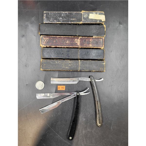 5 Antique Straight Razor Boxes and 2 Razors