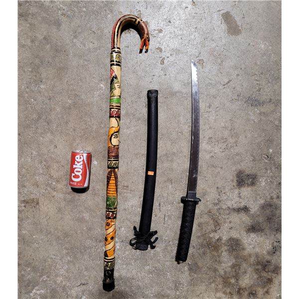 Hand Crafted Wooden Cane & Samurai Sword Decor
