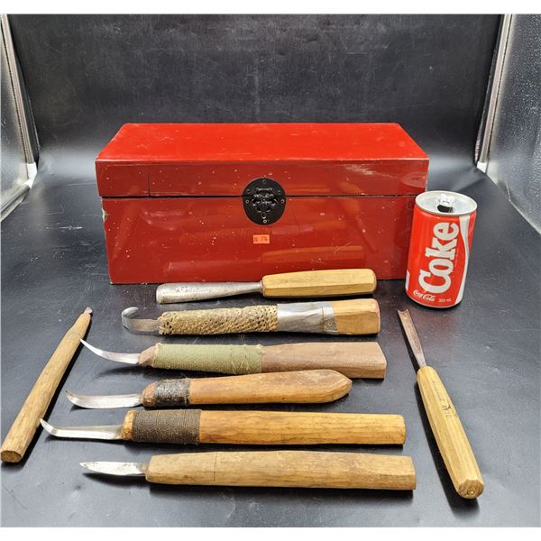 Vintage Wood Carving Tools & Lacquered Wood Box