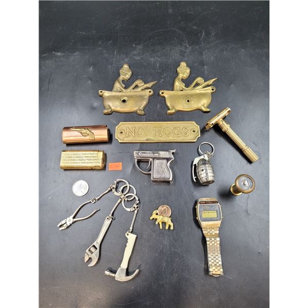 Vintage Razor, Brass Signs, Lighter Covers, Tool Keychains, & Smalls