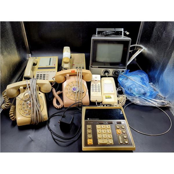 Vintage Electronics Lot (Rotary Phones, Desk Calculator, & Portable TV)