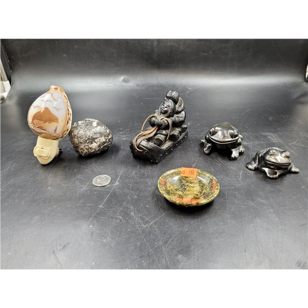 Carved Figures, Stone Bowl, & Shell Nightlight