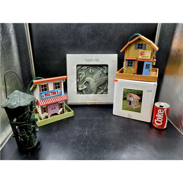 Garden Decor Lot (Stepping Stone, Wooden House Figures, & Lantern)