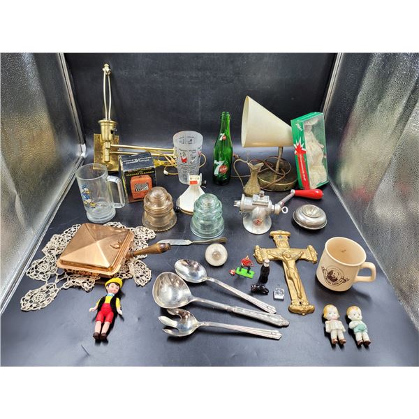 Vintage Lighting & Collectibles Lot (Insulators, Meat Grinder, Pop Bottle, etc.)