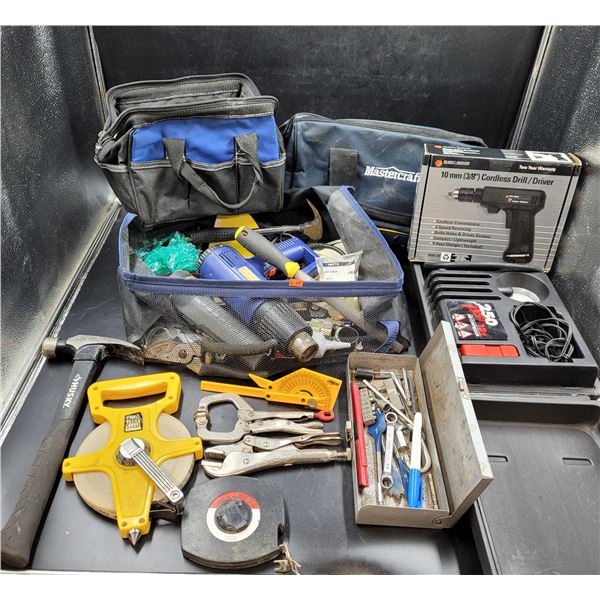 Assorted Tool Lot (Black & Decker Drill, Clamps, Tool Bags/Boxes, etc.)