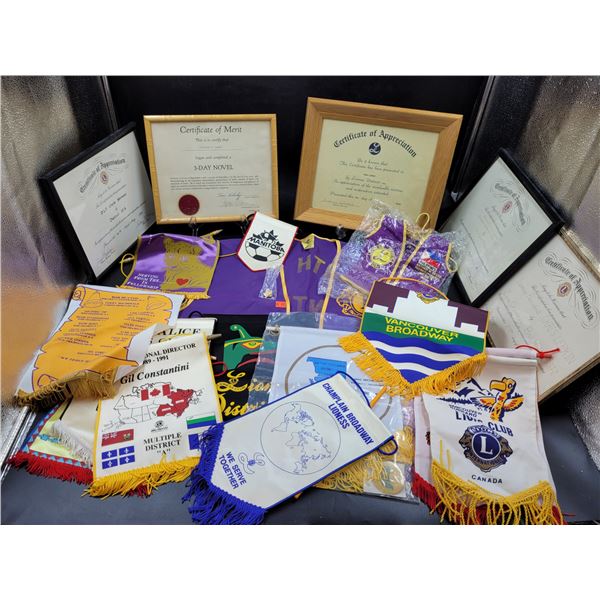 Framed Certificates, Banners, & Lion's Club Vest