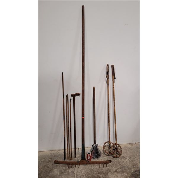 Antique Wooden Ski Poles/Rake/Clothes Plunger and Gun Cleaning Kit