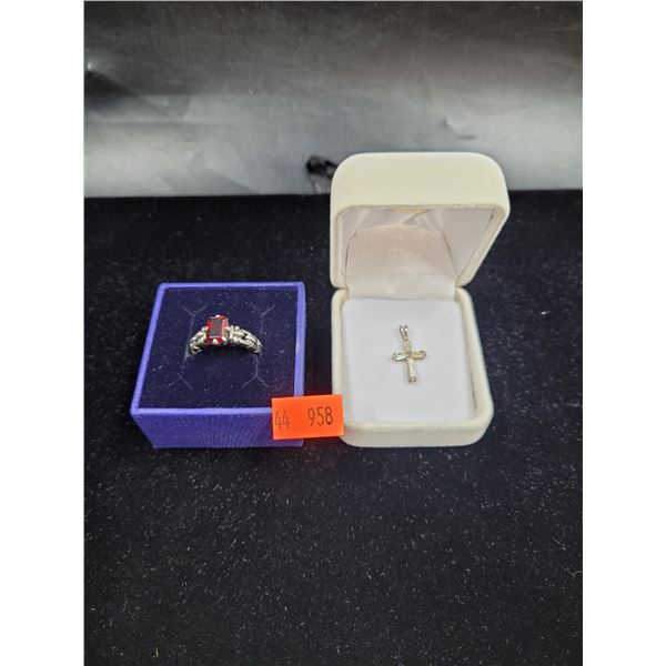 Sterling Silver Ring w/ Red Stone & Cross Pendant