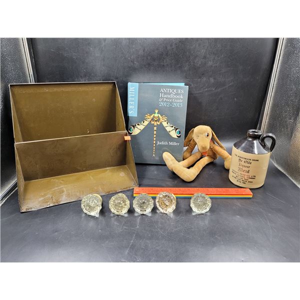 Vintage Glass Doorknobs, Stoneware Jug, Antiques Handbook, Dog Plush, & More