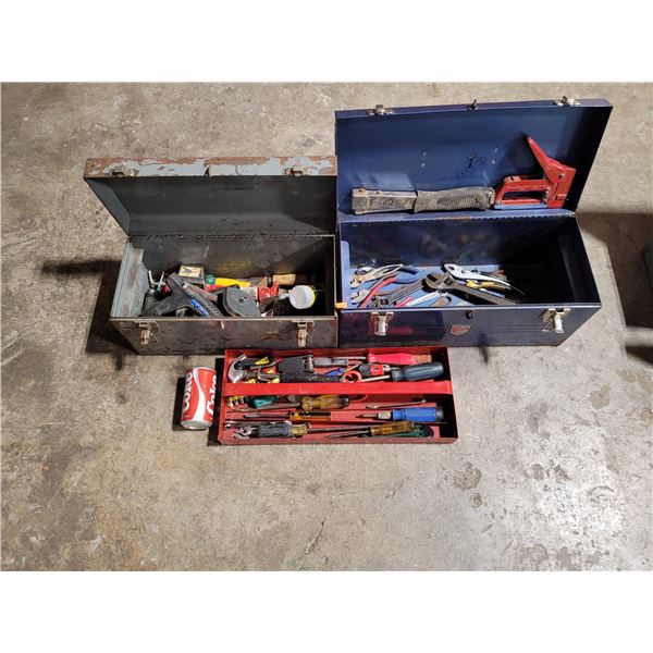 Assorted Tool Lot w/ Metal Tool Boxes (Screwdrivers, Pliers, Wrenches, etc.)