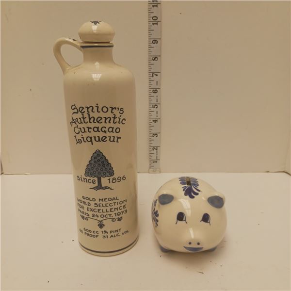 2 Pc Delft Pottery Decanter And Piggy Bank