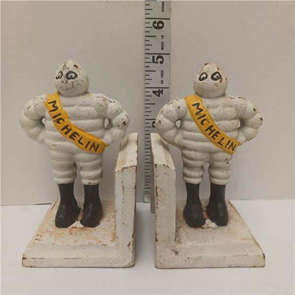 Pair Antique Reg 1918 Michelin Man Cast Iron Door Stops / Bookends