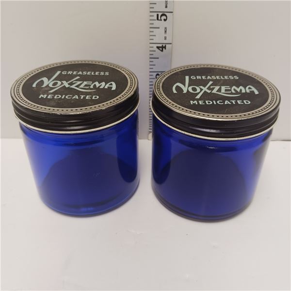 2 Antique Cobalt Blue Glass Noxema Jars And 2 Old Metal Tennis Ball Tins