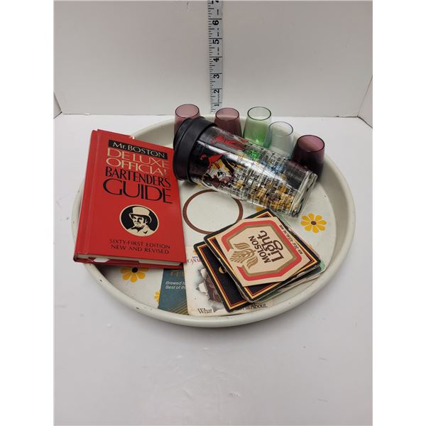 Bar Lot - Serving Tray, Coasters, Bartenders Guide, Cocktail Shaker And Mcm Colored Appertif Glasses