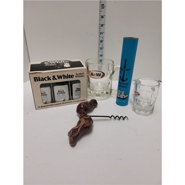 Bar Lot - Box Mini Whisky Flasks (Empty), Coaster Set, Cork Screw, Chain Bottle Opener And 2 A&W Mug