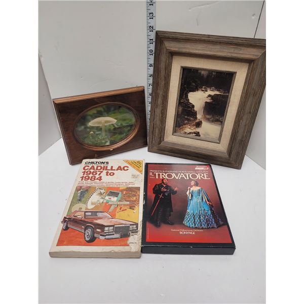 Assorted Lot Of Framed Art, Cadillac Repair Manual And Music