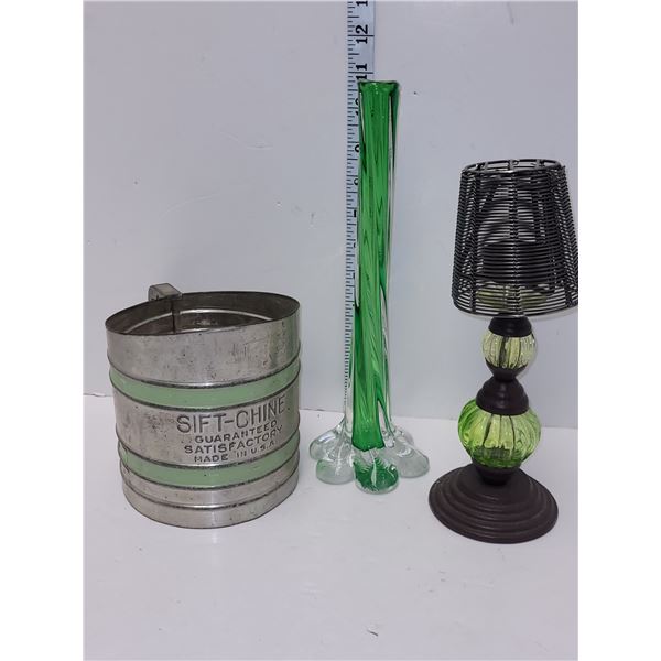 Antique Green Stripe Sifter, Vase And Green Glass Lamp