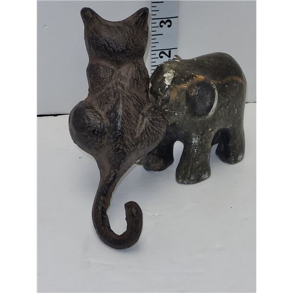 Antique Cat Door Knocker And Soapstone Elephant