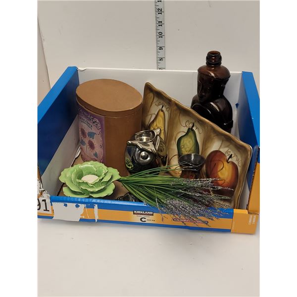 Assorted Home Decor Lot - Stone Carved Turtle, Liquor Bottle, Owl, Pottery & Asstd