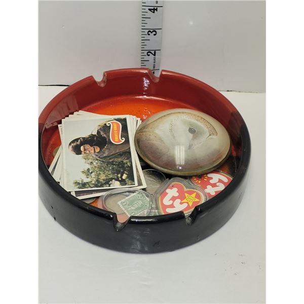 Mcm Italy Ashtray With Old Coins, Stamps, Owl Paperweight & 1967 Planet Of Apes Cards