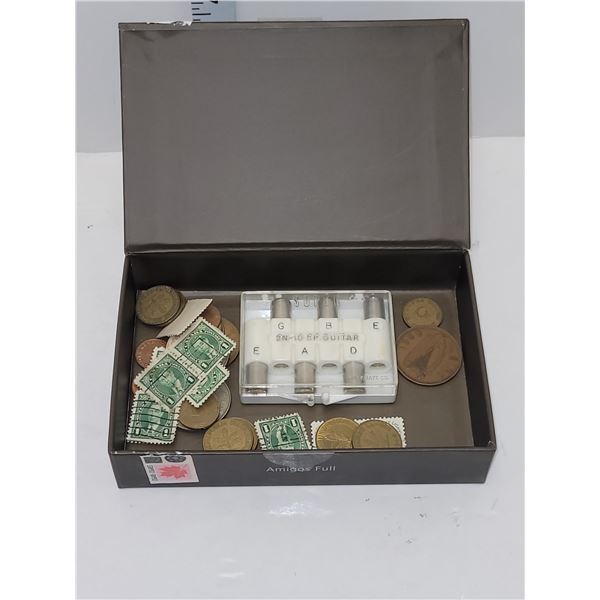 Cigar Box Filled With Old Coins, Stamps And Guitar Pitch Tuning Pipes