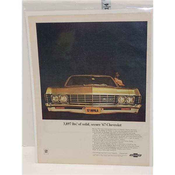 2 Pc 1967 Chev Impala Sport Coupe Original Advertising Ready For Framing