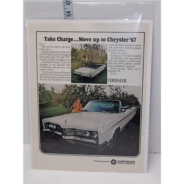 2 Pc 1967 Chrysler 300 & Newport Original Advertising Ready For Framing