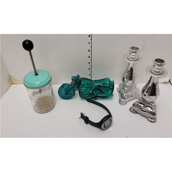 Mid Century Glass Chopper + Candlesticks, Avon Cologne Bottle + Modern Watch