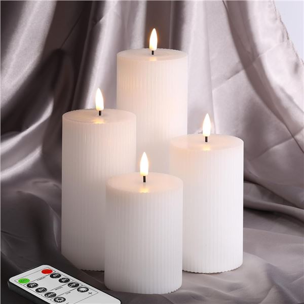 1 Set of 4 Girimax LED Flameless/Battery Operated Candles - White Ribbed Design - New
