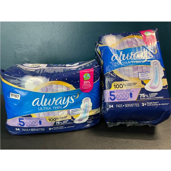 2 Packs of Always Ultra Thin Flexi-Wing Pads - 34 Pads Each Pack - New