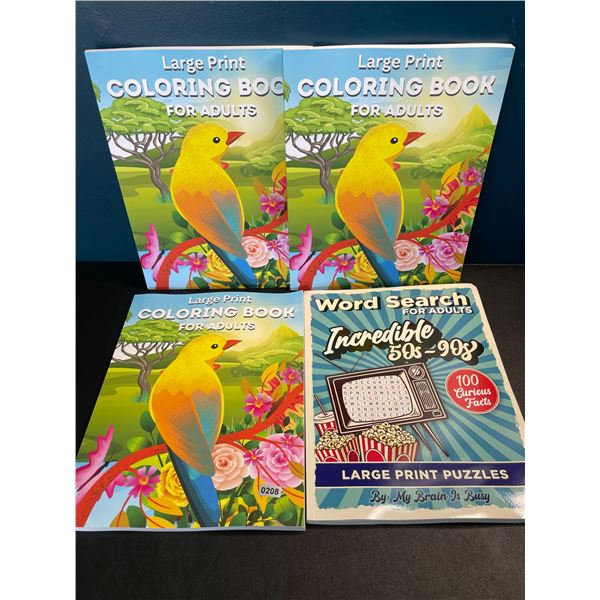 Lot of 3 Large Print Coloring Books for Adults + 1 Word Search for Adults (50's-90's Themed) - New