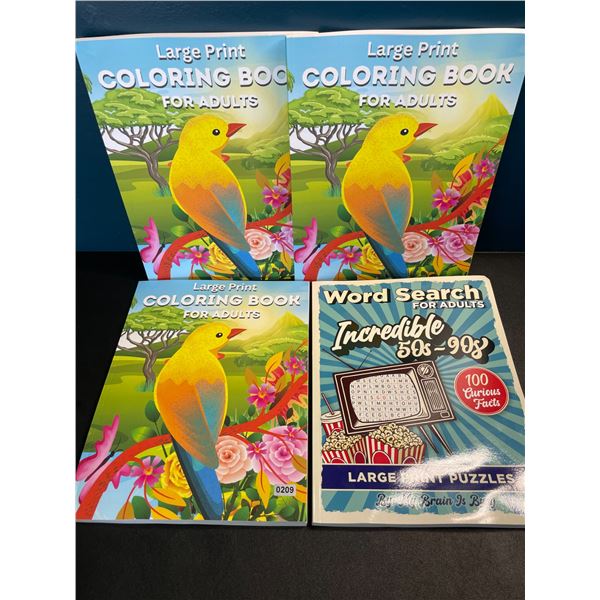 Lot of 3 Large Print Coloring Books for Adults + 1 Word Search for Adults (50's-90's Themed) - New