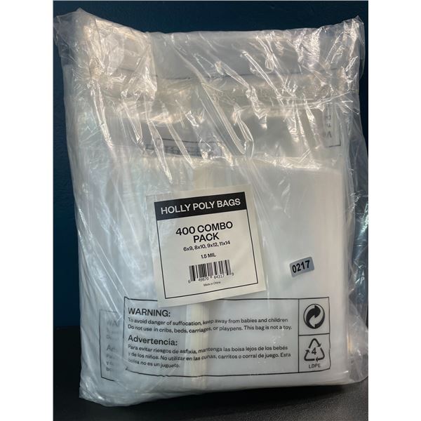1 Combo Pack of Industrial Strong Clear Poly Bags - Assorted Sizes - 400PCS Included - Brand New