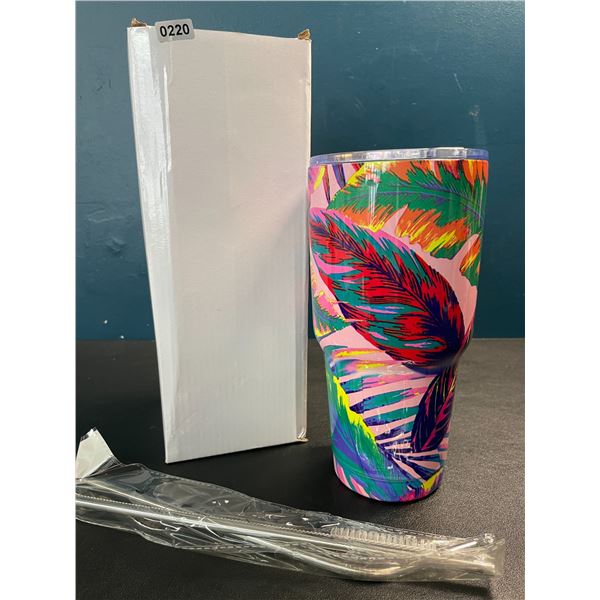 1 Stainless Steel Vacuum Insulated Tumbler Mug with Lid & Straw - 30oz - Botanical/Leaves Design