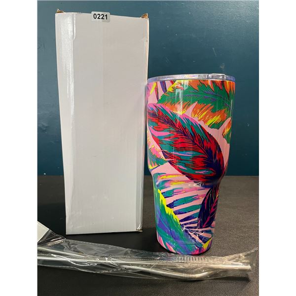 1 Stainless Steel Vacuum Insulated Tumbler Mug with Lid & Straw - 30oz - Botanical/Leaves Design