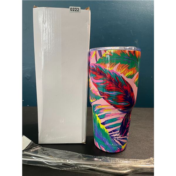 1 Stainless Steel Vacuum Insulated Tumbler Mug with Lid & Straw - 30oz - Botanical/Leaves Design