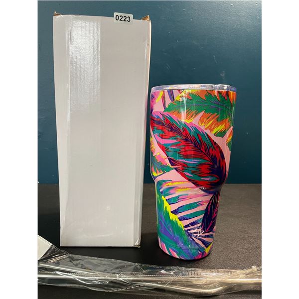 1 Stainless Steel Vacuum Insulated Tumbler Mug with Lid & Straw - 30oz - Botanical/Leaves Design