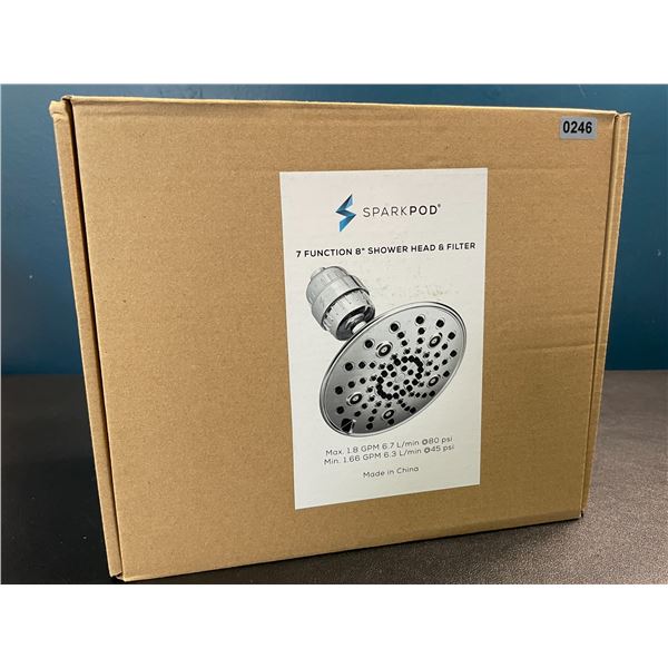 1 Sparkpod High Pressure Rain 7 Function 8-Inch Shower Head & Filter - Polished Chrome - Brand New!