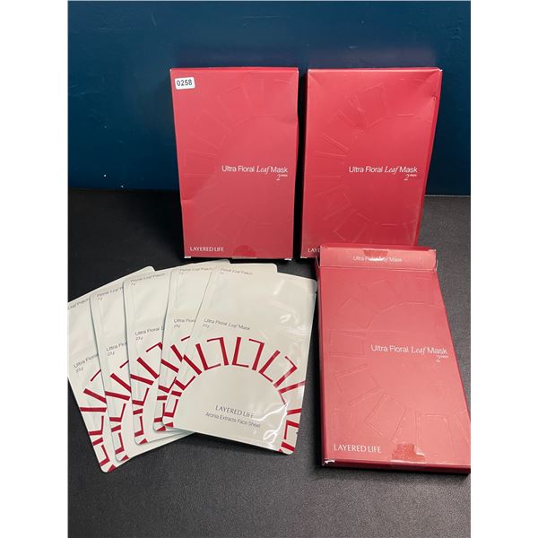 3 Boxes of Layered Life Ultra Floral Leaf Facial Masks/Facial Sheets - 5 Face Masks Each - New