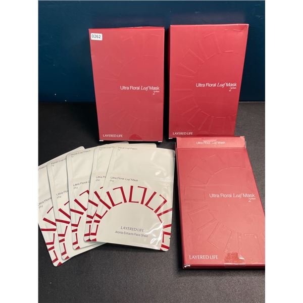 3 Boxes of Layered Life Ultra Floral Leaf Facial Masks/Facial Sheets - 5 Face Masks Each - New