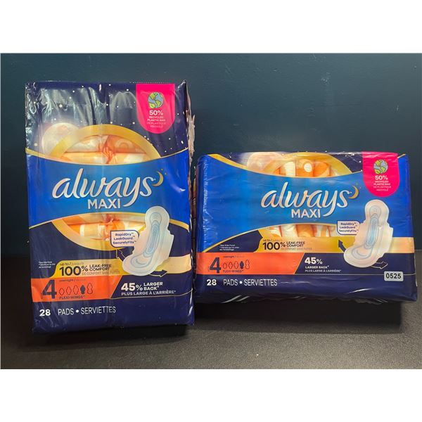 2 Packs of Always Maxi Overnight Flexi-Wing Pads - 28 Per Pack - New