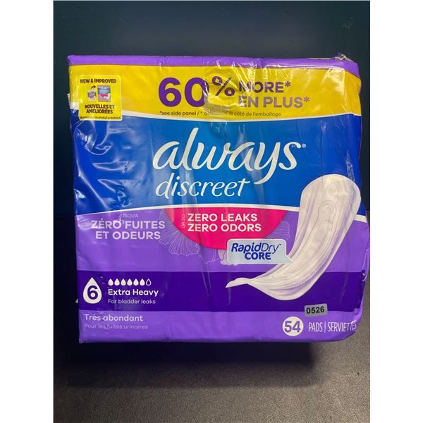 1 Pack of Always Discreet Incontinence Pads - Size 6 Extra Heavy for Bladder Leaks - 54 Pads - New