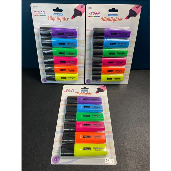 3 Multi-Packs of Basic Colour Neon Highlighters - 6pcs Each - Brand New