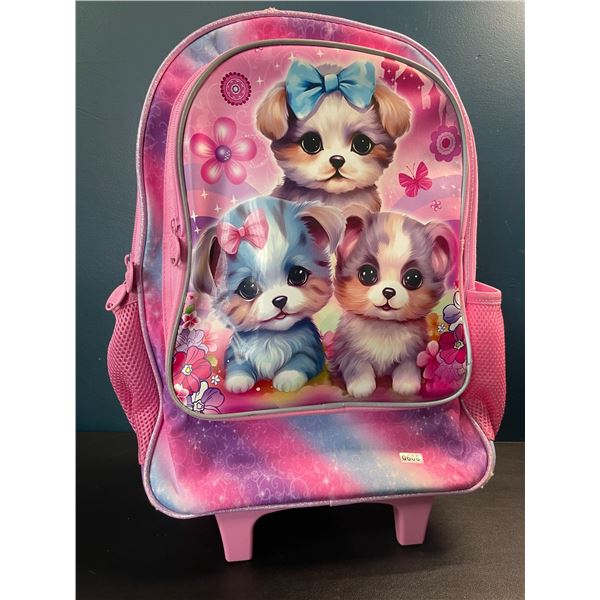 1 Girls Rolling Backpack/Wheeled Backpack - Puppy Dog Design - 17 inch - Brand New