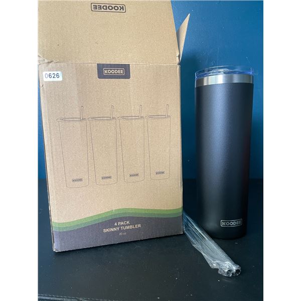 Box of 4 Skinny Tumbler Mugs with Stainless Steel Straws - Black - 20oz - Brand New