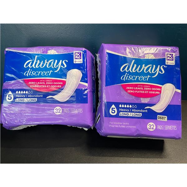 2 Packs of Always Discreet Pads for Women - Size 5 (Heavy/Long) - 32pcs Per Pack - New
