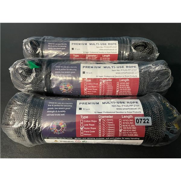 3 Packs of Premium Multi-Purpose Rope - 150FT Length - Brand New!