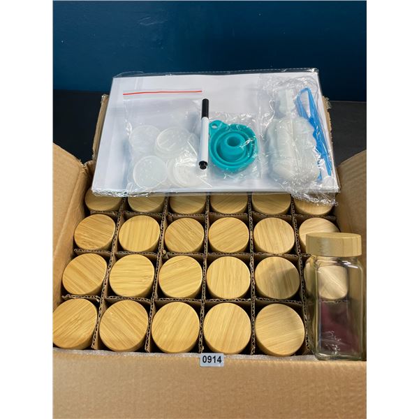 1 Box of Glass Storage Jars with Bamboo Lids + Labels - 24 Bottles Included - Brand New
